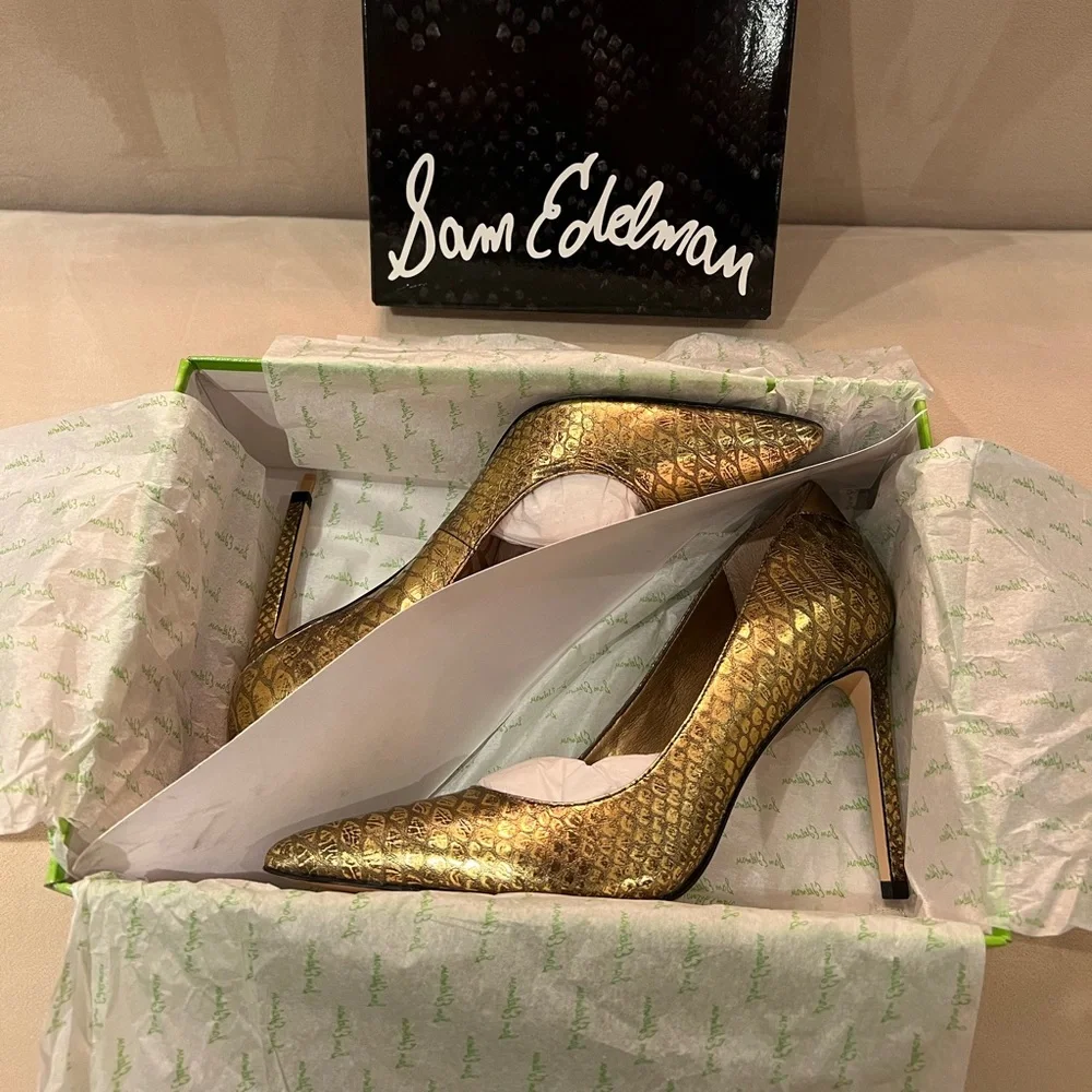 Sam Edelman Gold Metallic Pointed Toe Pumps with Embossed Texture